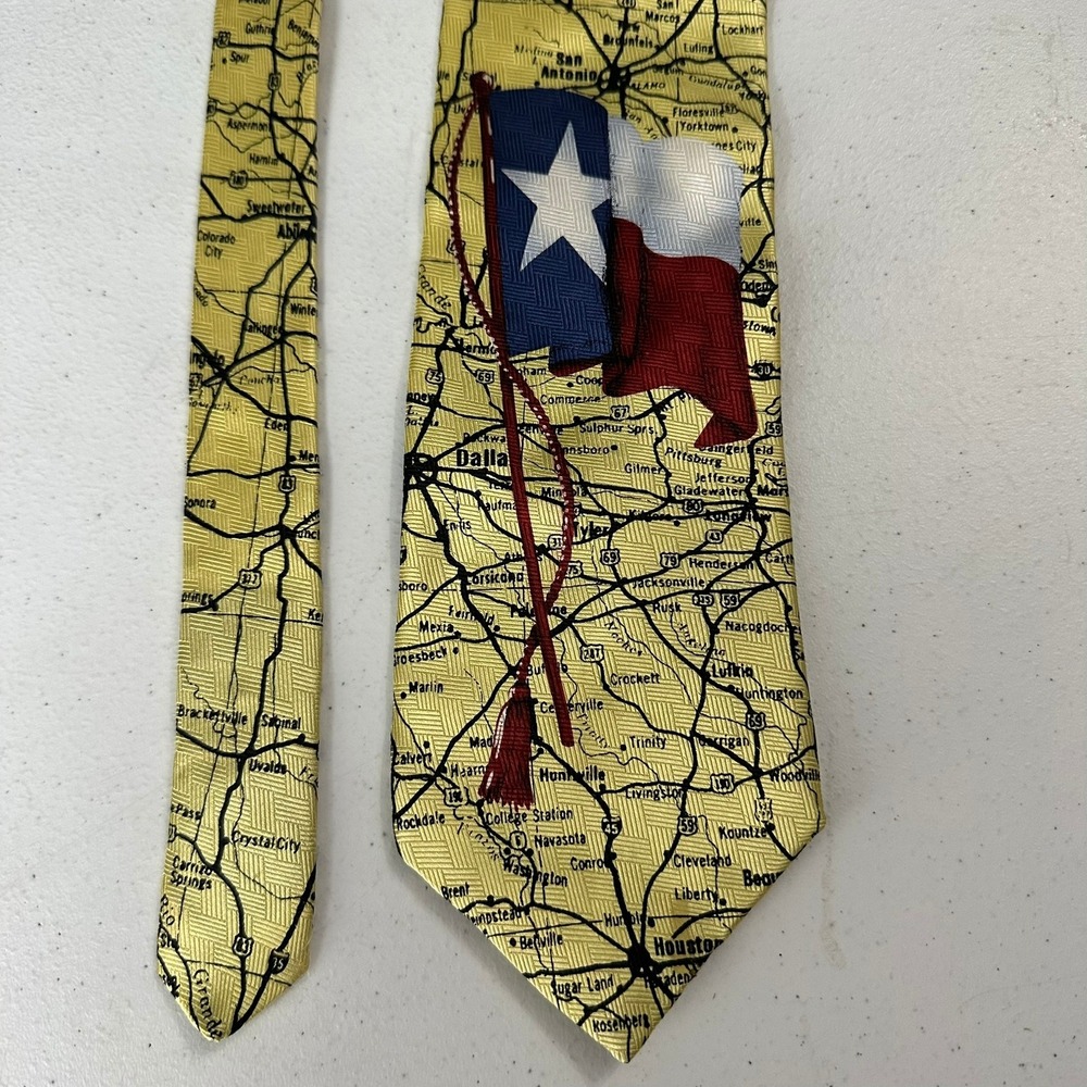 Rockmount Ranch Wear Mens Texas Road Map Silk Tie Yellow Texas Flag Made in USA
